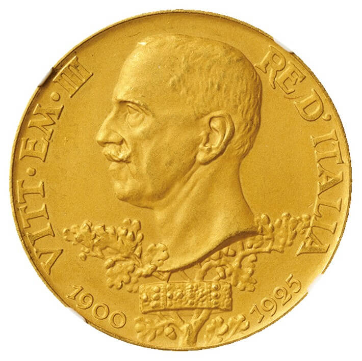 ヴィットリオ・エマヌエレ3世 在位25周年・第一次世界大戦参戦10周年 100リレ金貨 表