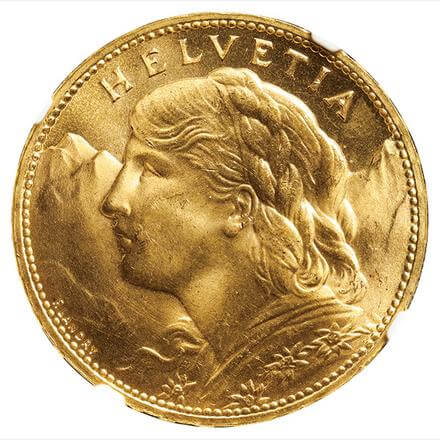 スイス ブレネリ 100フラン金貨 1925年