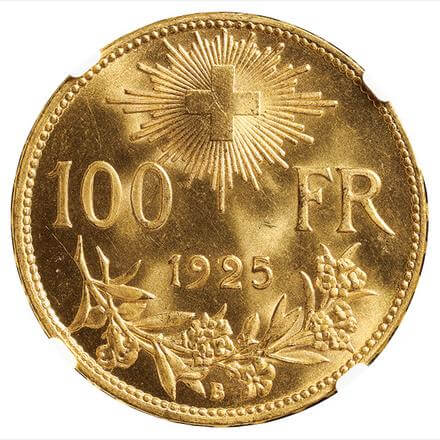 スイス ブレネリ 100フラン金貨 1925年