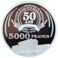 ブルンジ 中央銀行創立 50 周年 5,000フラン銀貨 2014年