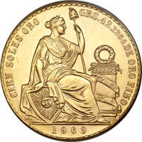 ペルー 女神坐像 100ソル金貨 1969年