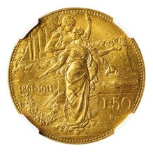 ヴィットリオ・エマヌエレ3世 王国成立50周年 50リレ金貨 1911年 裏